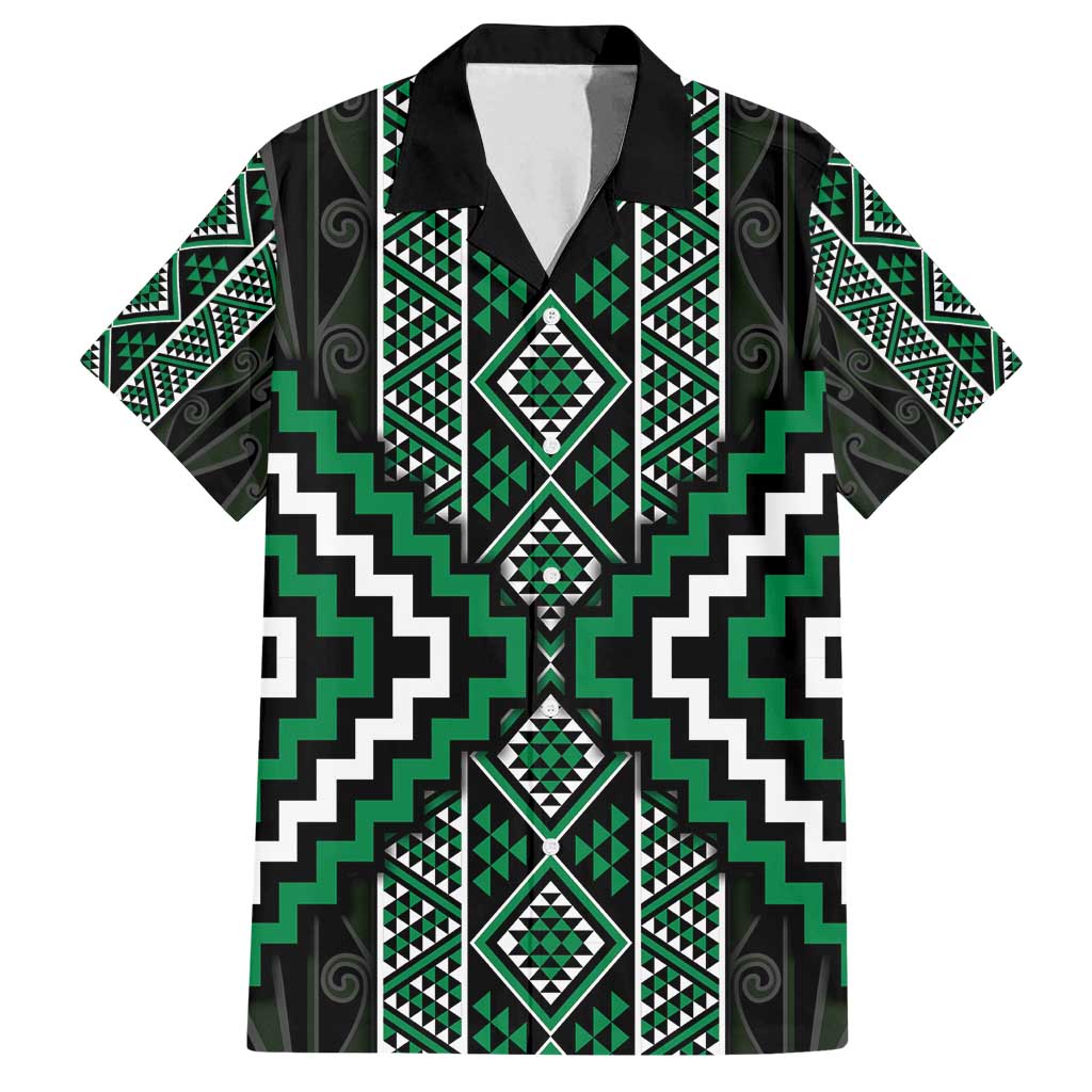 Jade Tukutuku Pattern Aotearoa Family Matching Puletasi and Hawaiian Shirt Niho Taniwha and Puhoro Motifs LT7 Dad's Shirt - Short Sleeve Green - Polynesian Pride