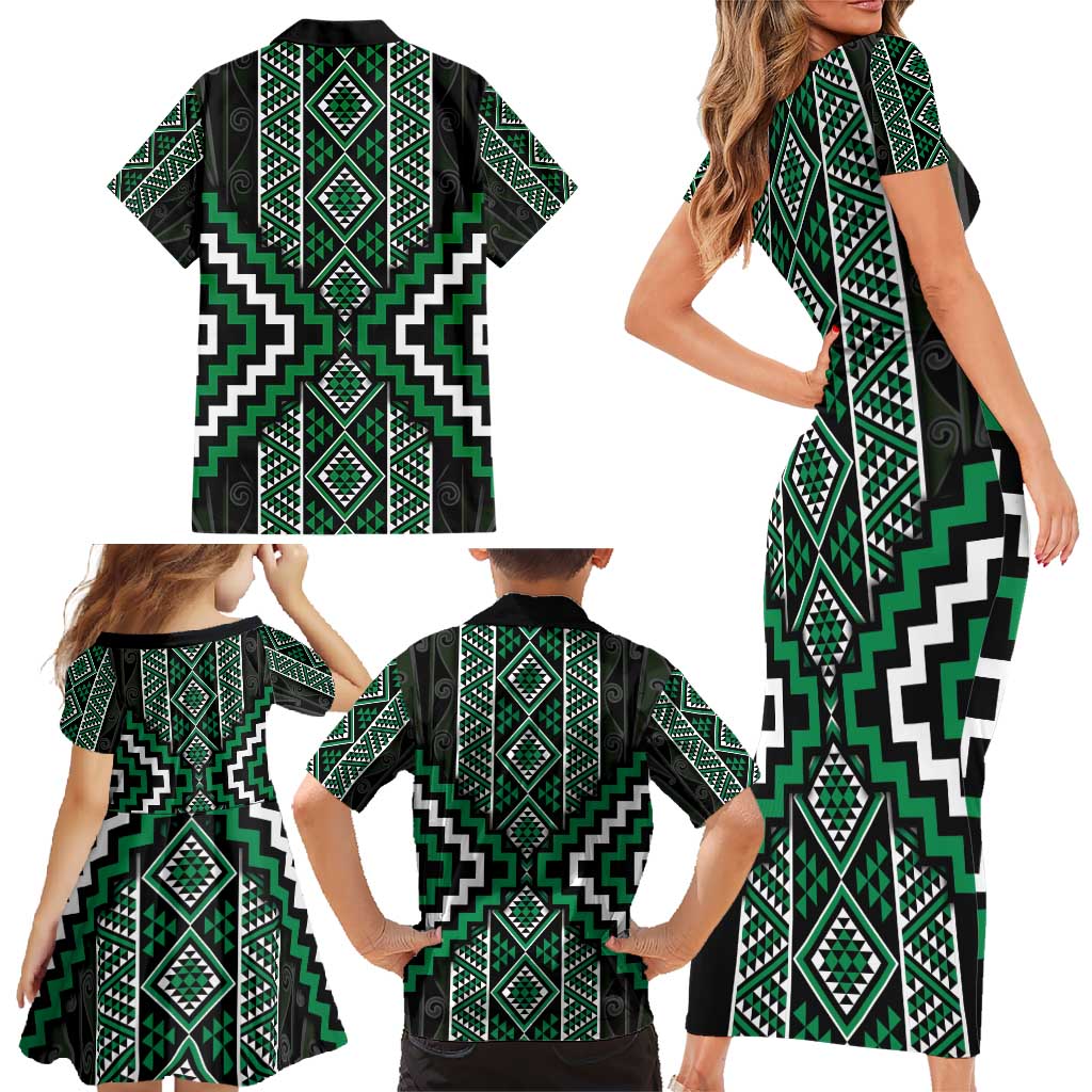 Jade Tukutuku Pattern Aotearoa Family Matching Short Sleeve Bodycon Dress and Hawaiian Shirt Niho Taniwha and Puhoro Motifs LT7 - Polynesian Pride