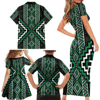 Jade Tukutuku Pattern Aotearoa Family Matching Short Sleeve Bodycon Dress and Hawaiian Shirt Niho Taniwha and Puhoro Motifs LT7 - Polynesian Pride
