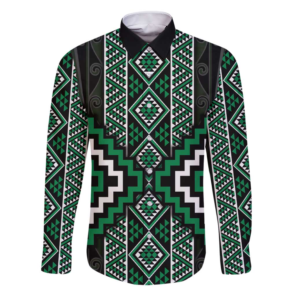 Jade Tukutuku Pattern Aotearoa Family Matching Short Sleeve Bodycon Dress and Hawaiian Shirt Niho Taniwha and Puhoro Motifs LT7 Dad's Shirt - Long Sleeve Green - Polynesian Pride