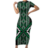 Jade Tukutuku Pattern Aotearoa Family Matching Short Sleeve Bodycon Dress and Hawaiian Shirt Niho Taniwha and Puhoro Motifs LT7 Mom's Dress Green - Polynesian Pride