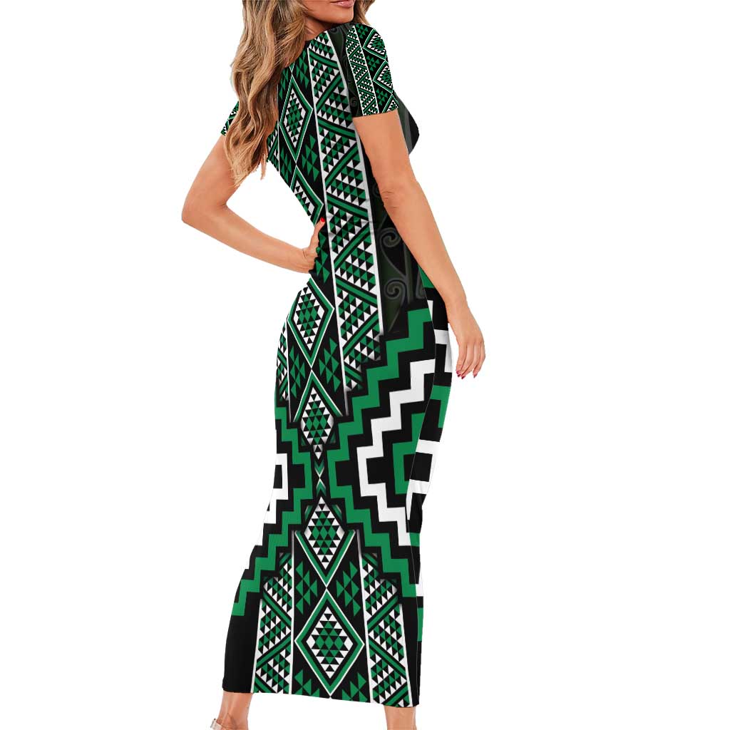 Jade Tukutuku Pattern Aotearoa Family Matching Short Sleeve Bodycon Dress and Hawaiian Shirt Niho Taniwha and Puhoro Motifs LT7 - Polynesian Pride
