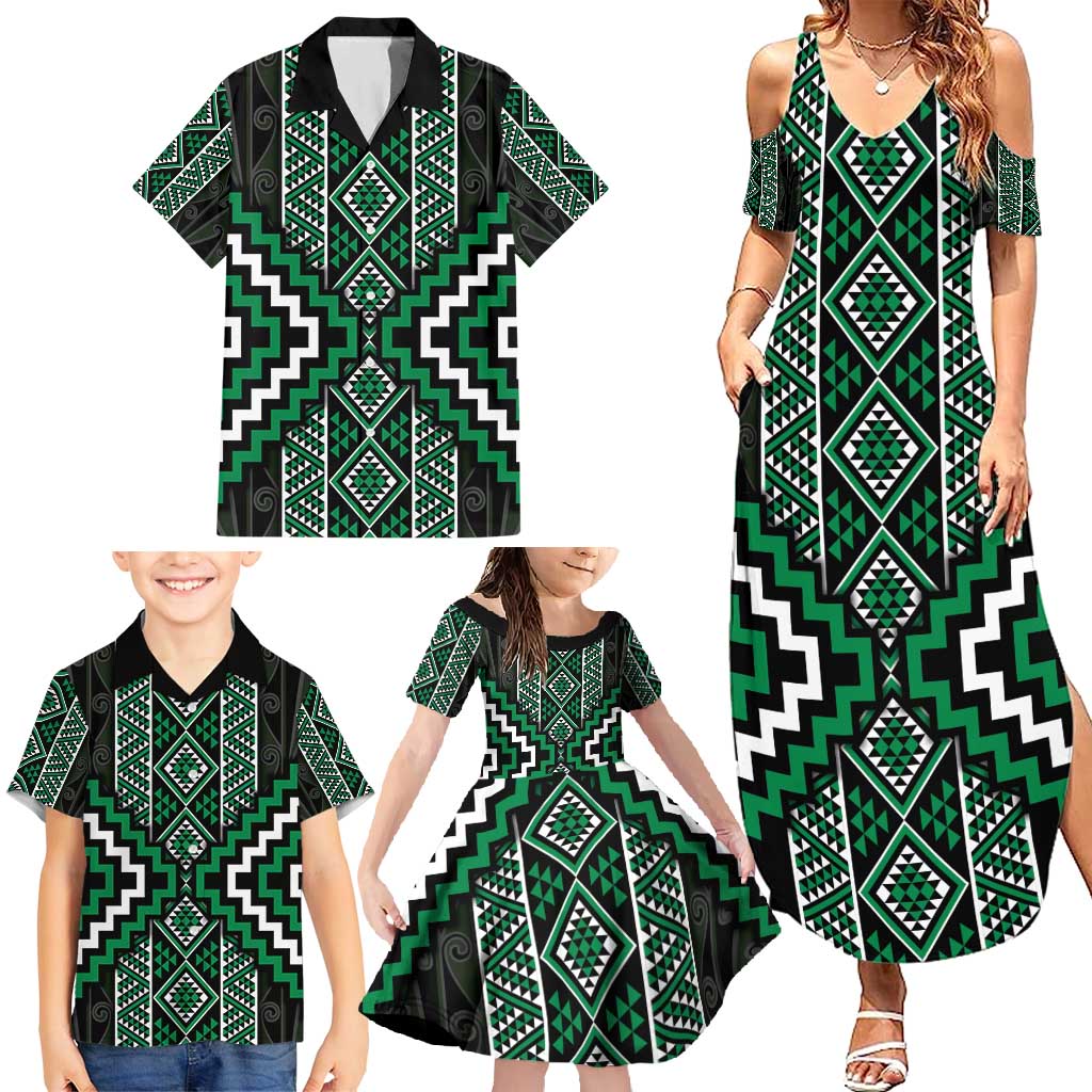 Jade Tukutuku Pattern Aotearoa Family Matching Summer Maxi Dress and Hawaiian Shirt Niho Taniwha and Puhoro Motifs LT7 - Polynesian Pride