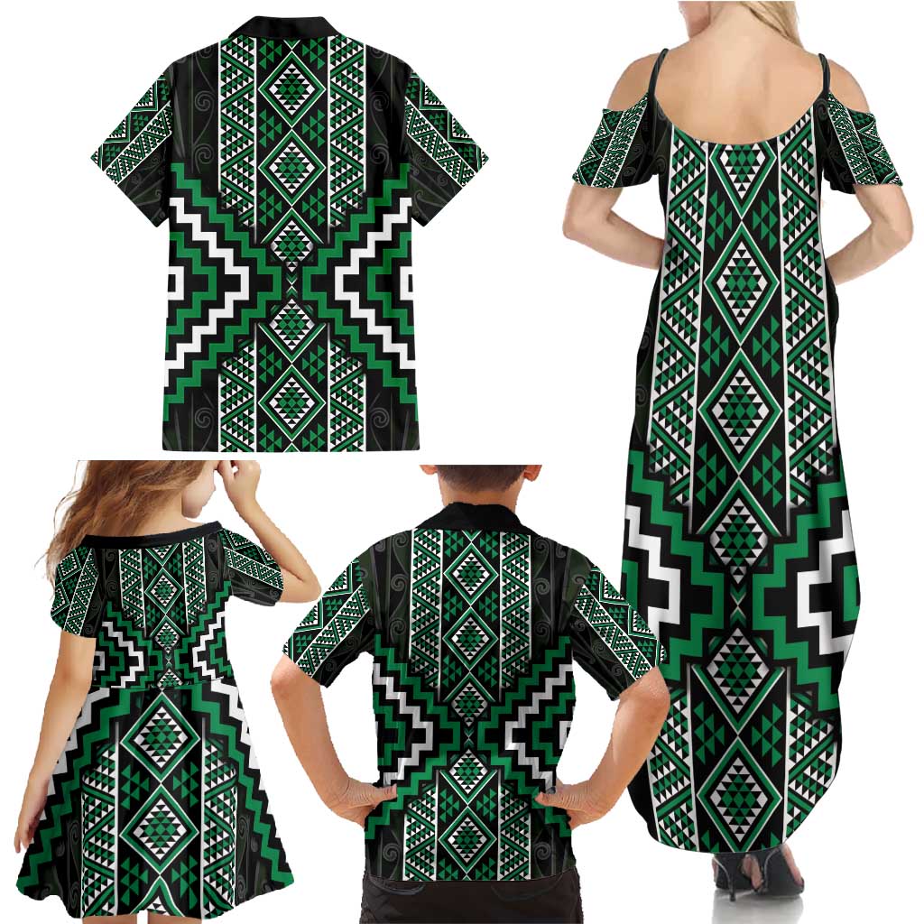 Jade Tukutuku Pattern Aotearoa Family Matching Summer Maxi Dress and Hawaiian Shirt Niho Taniwha and Puhoro Motifs LT7 - Polynesian Pride