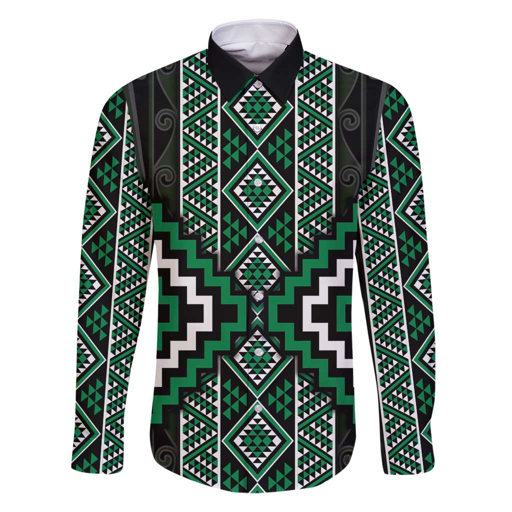 Jade Tukutuku Pattern Aotearoa Family Matching Summer Maxi Dress and Hawaiian Shirt Niho Taniwha and Puhoro Motifs LT7 Dad's Shirt - Long Sleeve Green - Polynesian Pride