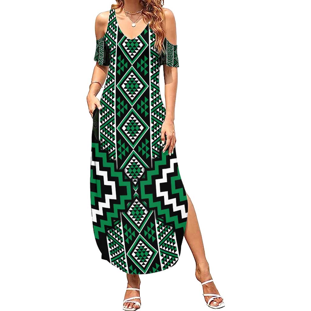 Jade Tukutuku Pattern Aotearoa Family Matching Summer Maxi Dress and Hawaiian Shirt Niho Taniwha and Puhoro Motifs LT7 Mom's Dress Green - Polynesian Pride