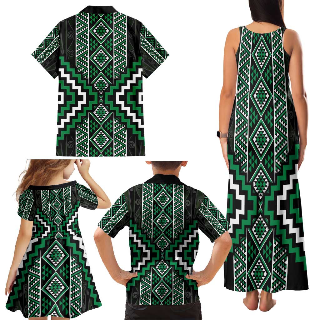 Jade Tukutuku Pattern Aotearoa Family Matching Tank Maxi Dress and Hawaiian Shirt Niho Taniwha and Puhoro Motifs LT7 - Polynesian Pride