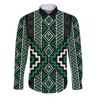 Jade Tukutuku Pattern Aotearoa Family Matching Tank Maxi Dress and Hawaiian Shirt Niho Taniwha and Puhoro Motifs LT7 Dad's Shirt - Long Sleeve Green - Polynesian Pride