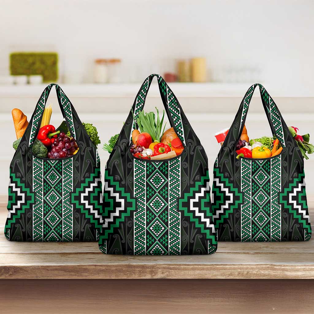 Jade Tukutuku Pattern Aotearoa Grocery Bag Niho Taniwha and Puhoro Motifs