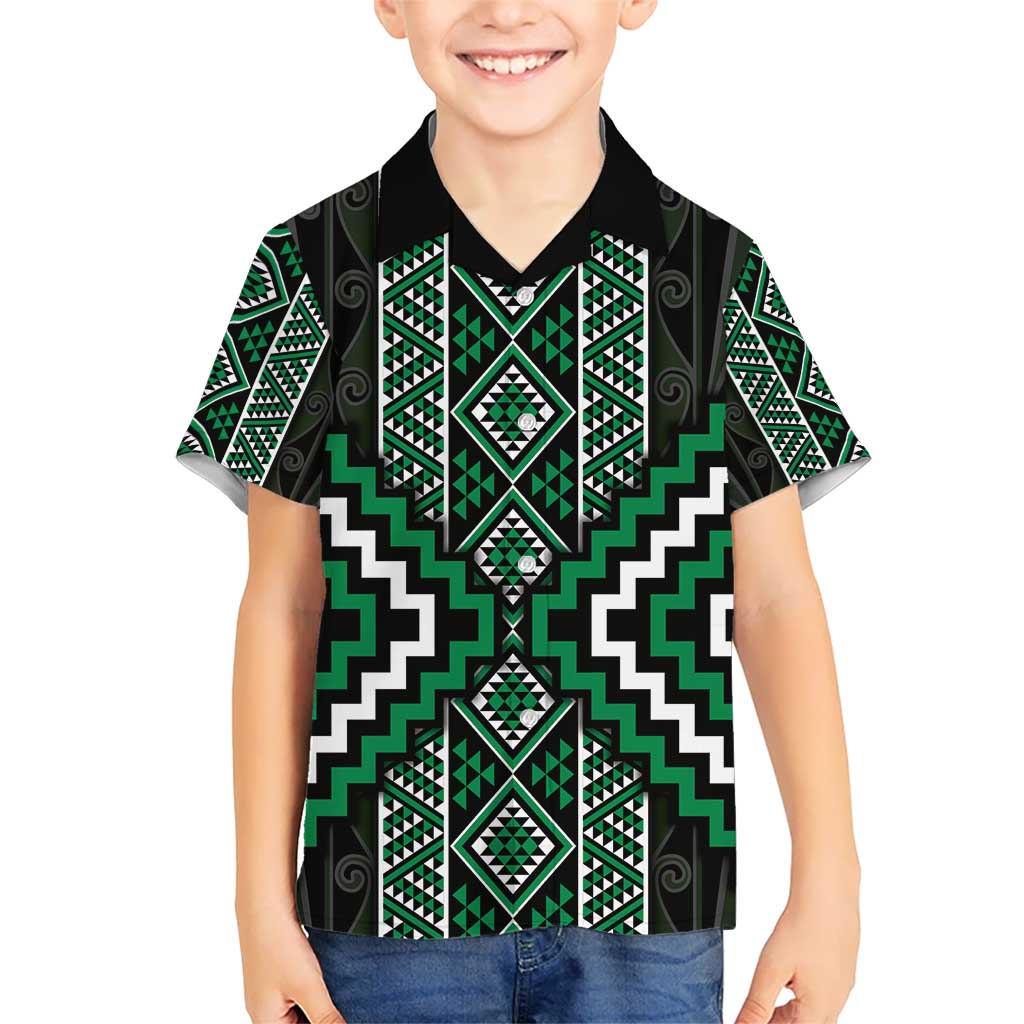 Jade Tukutuku Pattern Aotearoa Kid Hawaiian Shirt Niho Taniwha and Puhoro Motifs LT7 Kid Green - Polynesian Pride