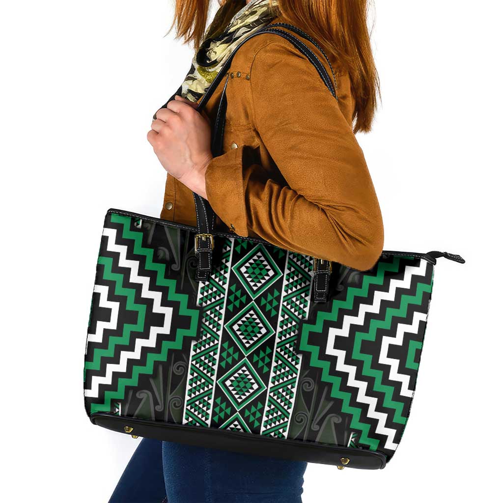 Jade Tukutuku Pattern Aotearoa Leather Tote Bag Niho Taniwha and Puhoro Motifs LT7 Green - Polynesian Pride