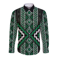 Jade Tukutuku Pattern Aotearoa Long Sleeve Button Shirt Niho Taniwha and Puhoro Motifs