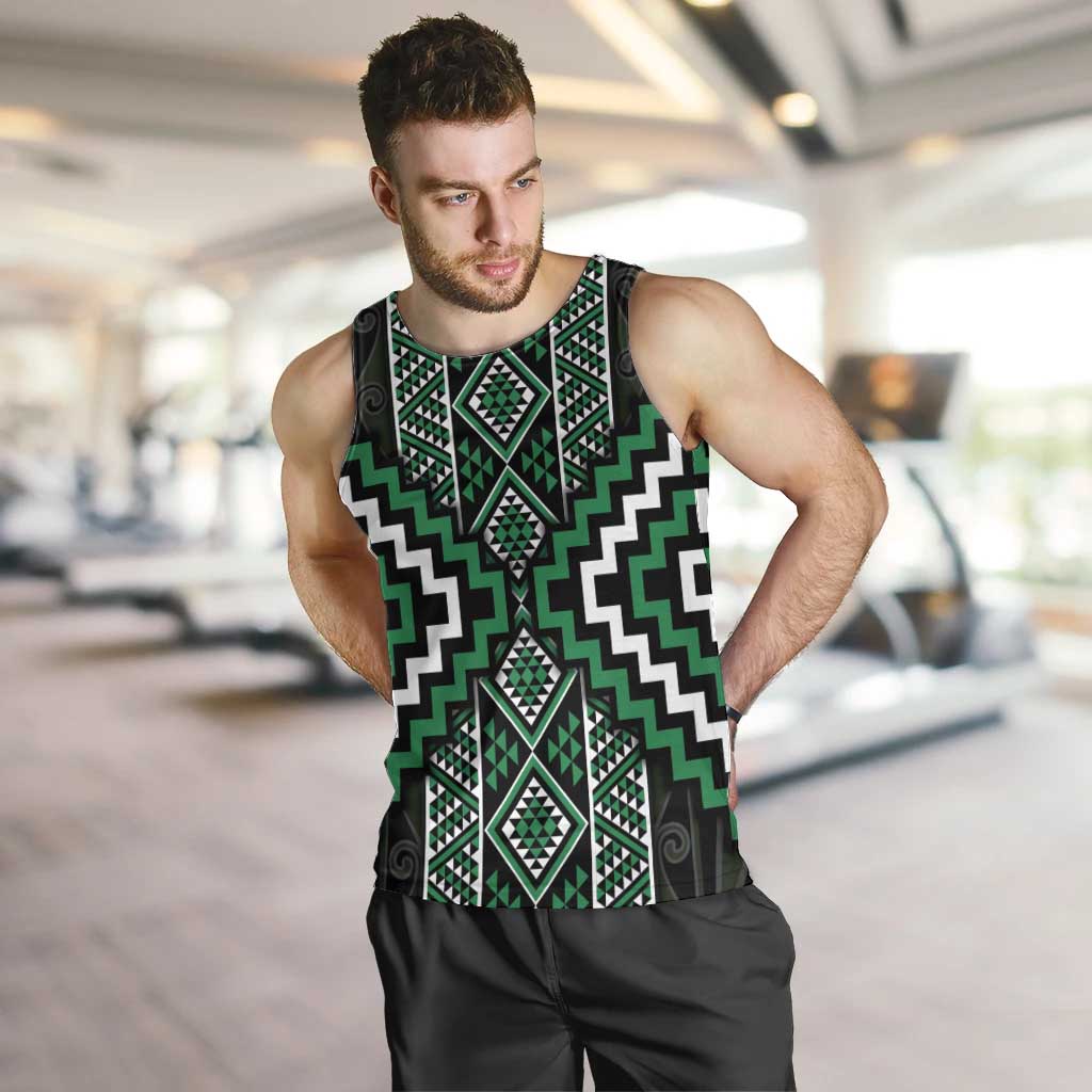 Jade Tukutuku Pattern Aotearoa Men Tank Top Niho Taniwha and Puhoro Motifs LT7 Green - Polynesian Pride