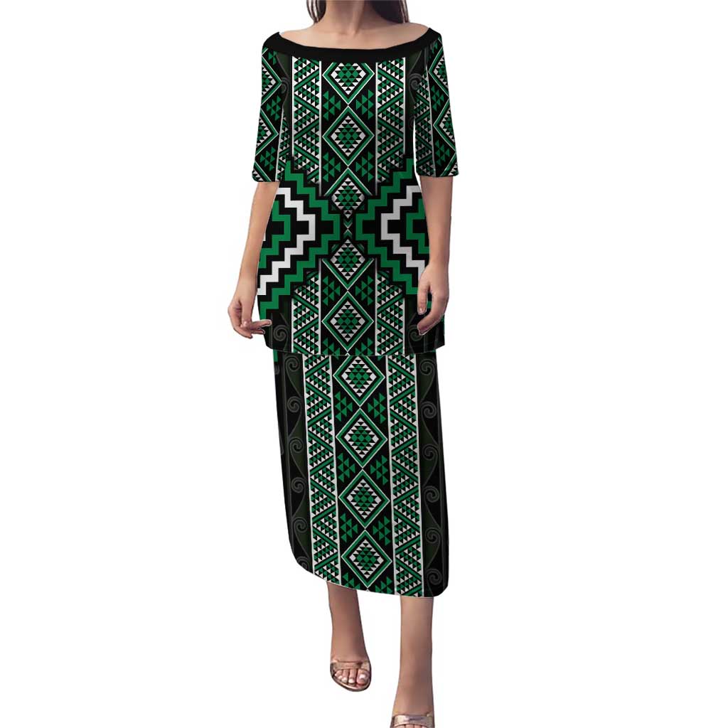 Jade Tukutuku Pattern Aotearoa Puletasi Niho Taniwha and Puhoro Motifs LT7 Long Dress Green - Polynesian Pride