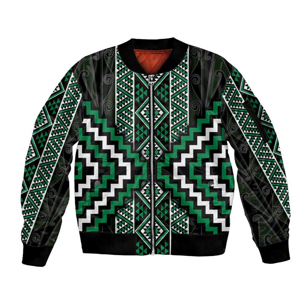 Jade Tukutuku Pattern Aotearoa Sleeve Zip Bomber Jacket Niho Taniwha and Puhoro Motifs LT7 Unisex Green - Polynesian Pride