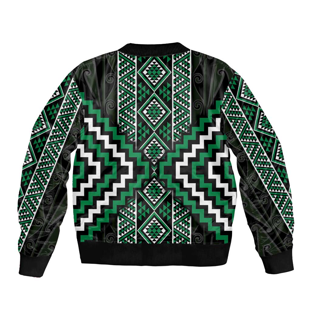 Jade Tukutuku Pattern Aotearoa Sleeve Zip Bomber Jacket Niho Taniwha and Puhoro Motifs LT7 - Polynesian Pride