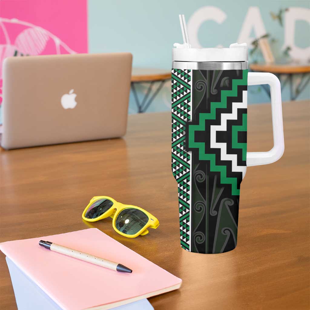 Jade Tukutuku Pattern Aotearoa Tumbler With Handle Niho Taniwha and Puhoro Motifs