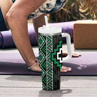 Jade Tukutuku Pattern Aotearoa Tumbler With Handle Niho Taniwha and Puhoro Motifs
