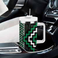 Jade Tukutuku Pattern Aotearoa Tumbler With Handle Niho Taniwha and Puhoro Motifs