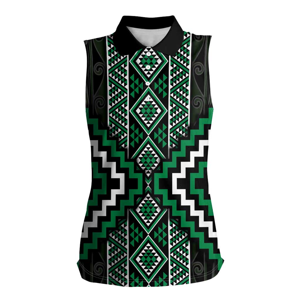 Jade Tukutuku Pattern Aotearoa Women Sleeveless Polo Shirt Niho Taniwha and Puhoro Motifs LT7 Female Green - Polynesian Pride