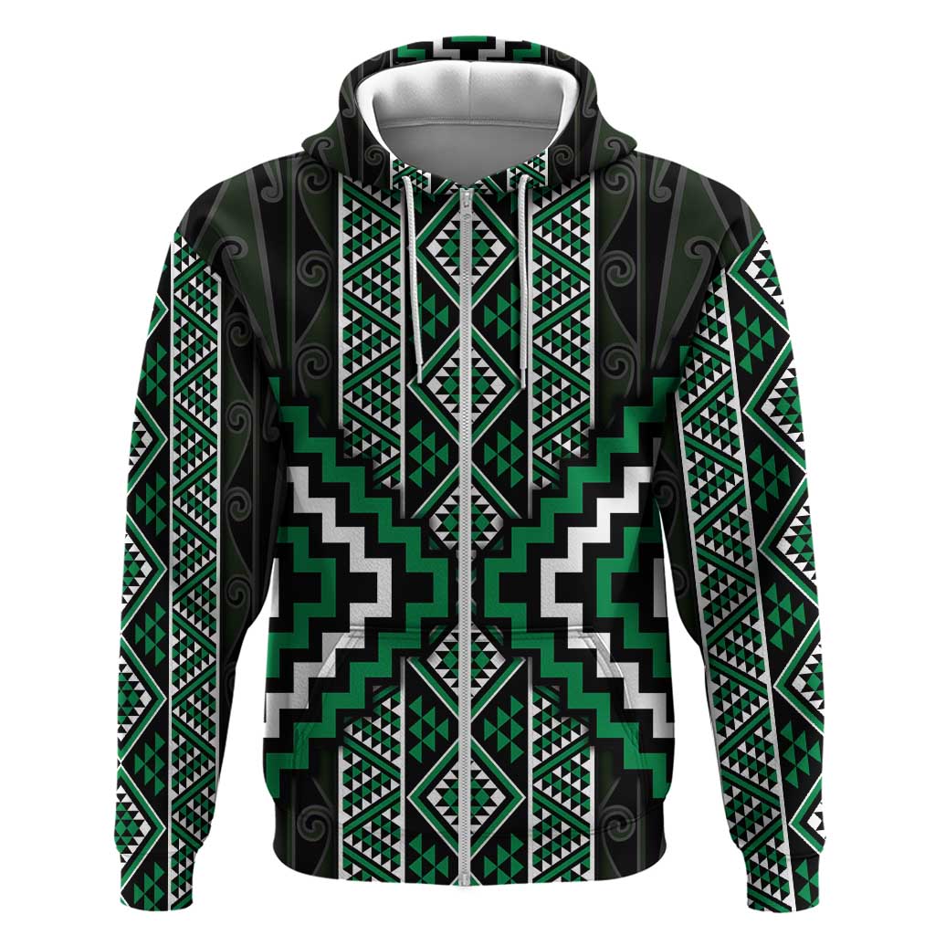 Jade Tukutuku Pattern Aotearoa Zip Hoodie Niho Taniwha and Puhoro Motifs LT7 Zip Hoodie Green - Polynesian Pride