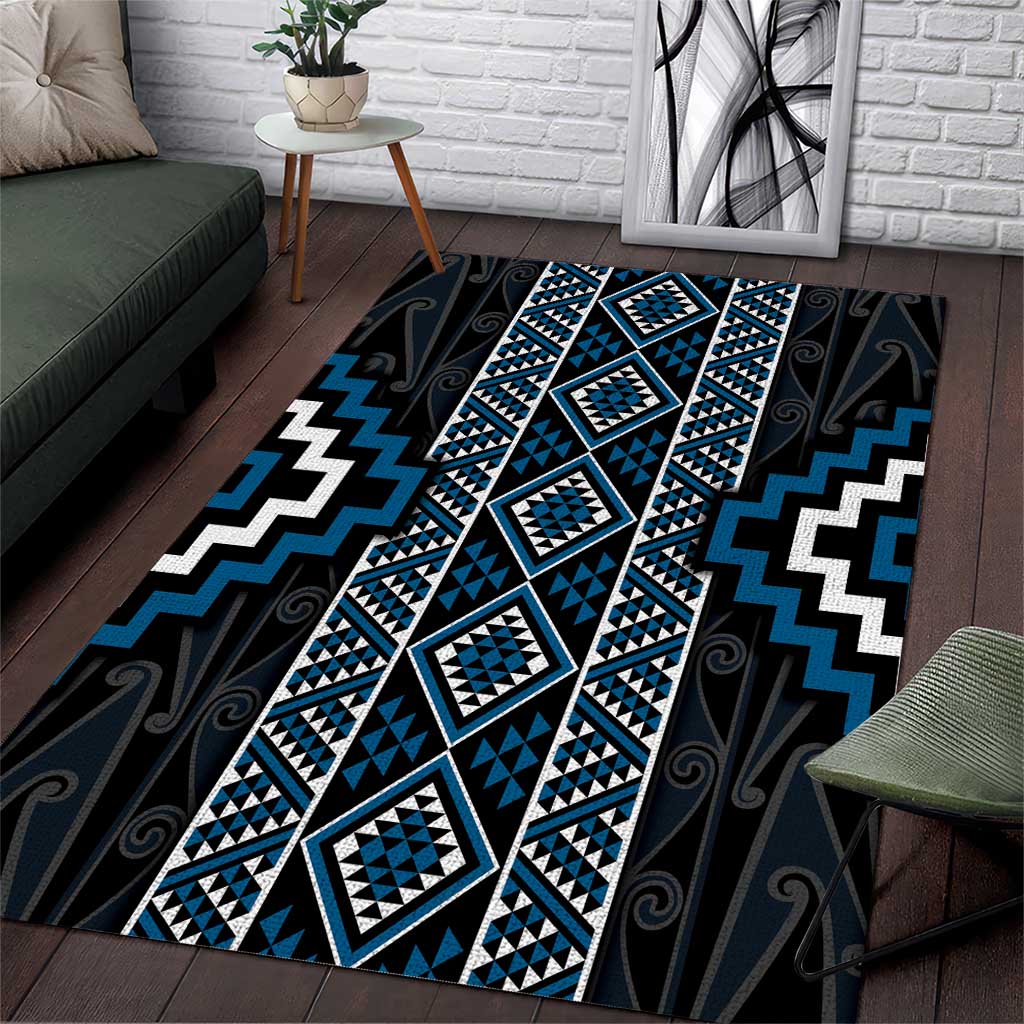 Azure Tukutuku Pattern Aotearoa Area Rug Niho Taniwha and Puhoro Motifs LT7 Blue - Polynesian Pride