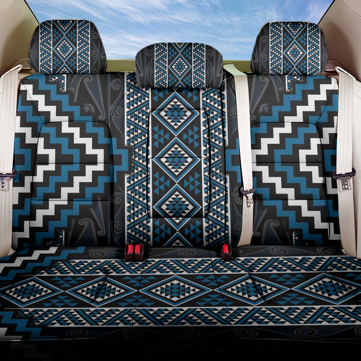 Azure Tukutuku Pattern Aotearoa Back Car Seat Cover Niho Taniwha and Puhoro Motifs LT7 One Size Blue - Polynesian Pride