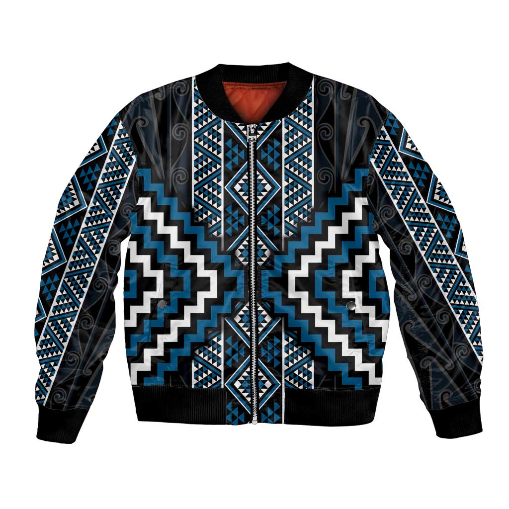 Azure Tukutuku Pattern Aotearoa Bomber Jacket Niho Taniwha and Puhoro Motifs LT7 Unisex Blue - Polynesian Pride