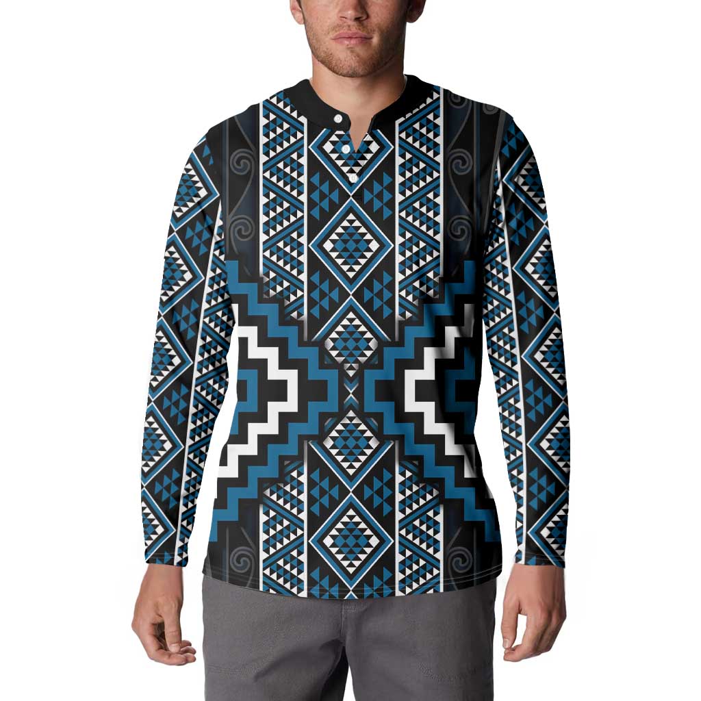 Azure Tukutuku Pattern Aotearoa Button Sweatshirt Niho Taniwha and Puhoro Motifs