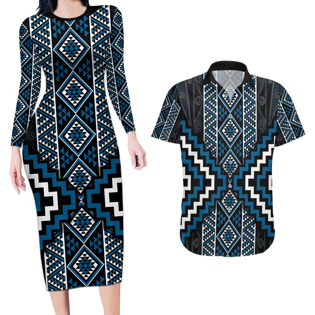 Azure Tukutuku Pattern Aotearoa Couples Matching Long Sleeve Bodycon Dress and Hawaiian Shirt Niho Taniwha and Puhoro Motifs LT7 Blue - Polynesian Pride