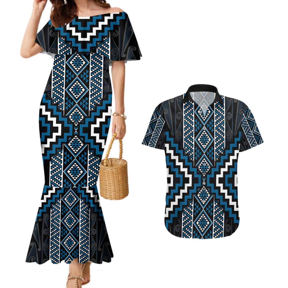 Azure Tukutuku Pattern Aotearoa Couples Matching Mermaid Dress and Hawaiian Shirt Niho Taniwha and Puhoro Motifs LT7 Blue - Polynesian Pride
