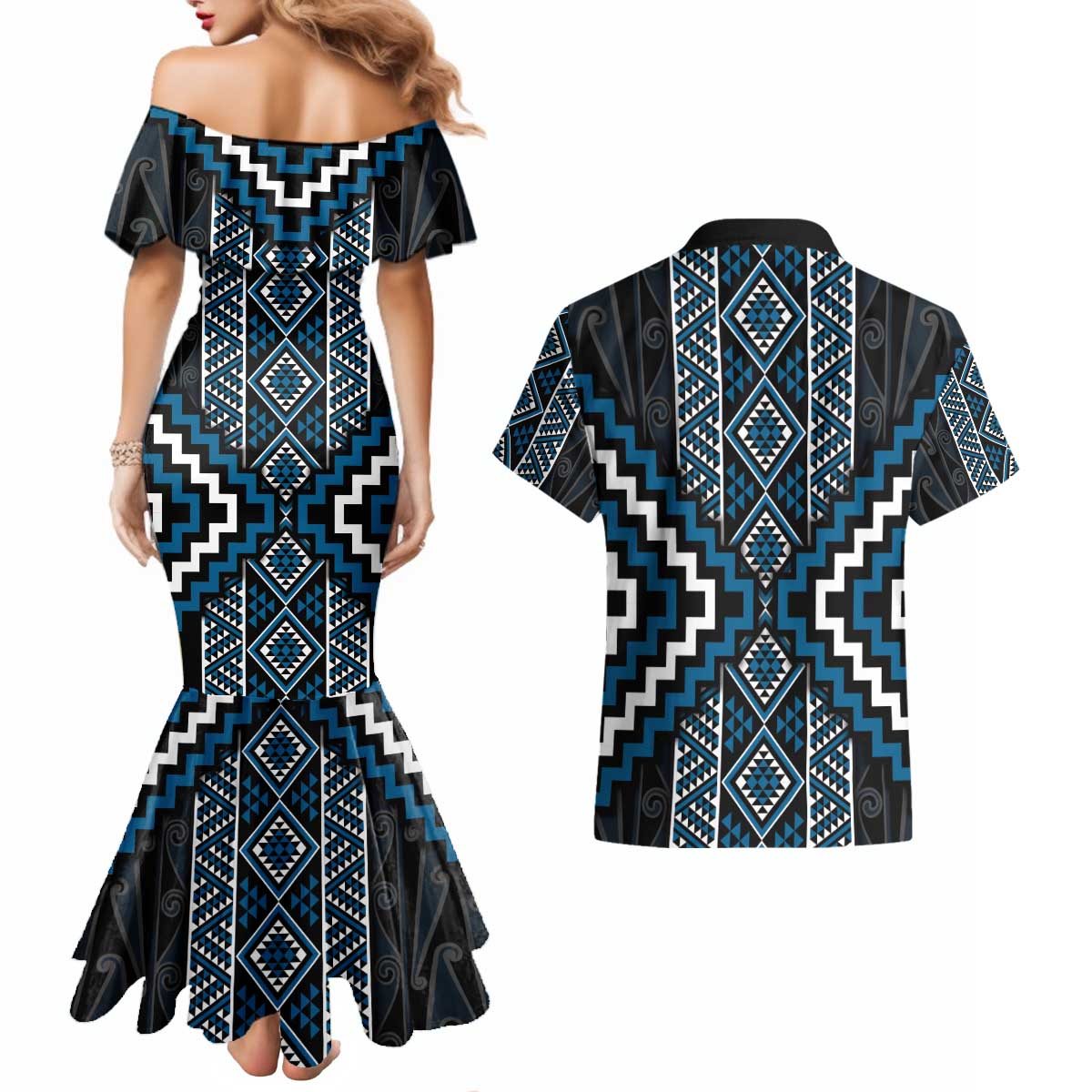 Azure Tukutuku Pattern Aotearoa Couples Matching Mermaid Dress and Hawaiian Shirt Niho Taniwha and Puhoro Motifs LT7 - Polynesian Pride