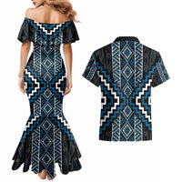 Azure Tukutuku Pattern Aotearoa Couples Matching Mermaid Dress and Hawaiian Shirt Niho Taniwha and Puhoro Motifs LT7 - Polynesian Pride
