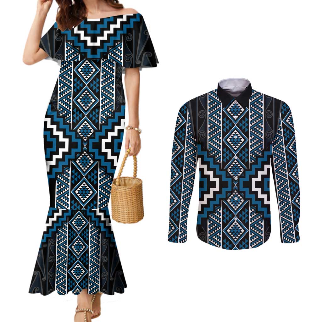 Azure Tukutuku Pattern Aotearoa Couples Matching Mermaid Dress and Long Sleeve Button Shirt Niho Taniwha and Puhoro Motifs LT7 Blue - Polynesian Pride
