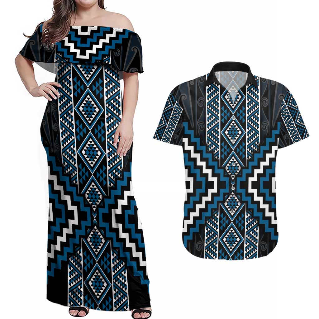 Azure Tukutuku Pattern Aotearoa Couples Matching Off Shoulder Maxi Dress and Hawaiian Shirt Niho Taniwha and Puhoro Motifs LT7 Blue - Polynesian Pride