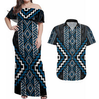 Azure Tukutuku Pattern Aotearoa Couples Matching Off Shoulder Maxi Dress and Hawaiian Shirt Niho Taniwha and Puhoro Motifs LT7 Blue - Polynesian Pride