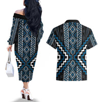 Azure Tukutuku Pattern Aotearoa Couples Matching Off The Shoulder Long Sleeve Dress and Hawaiian Shirt Niho Taniwha and Puhoro Motifs LT7 - Polynesian Pride