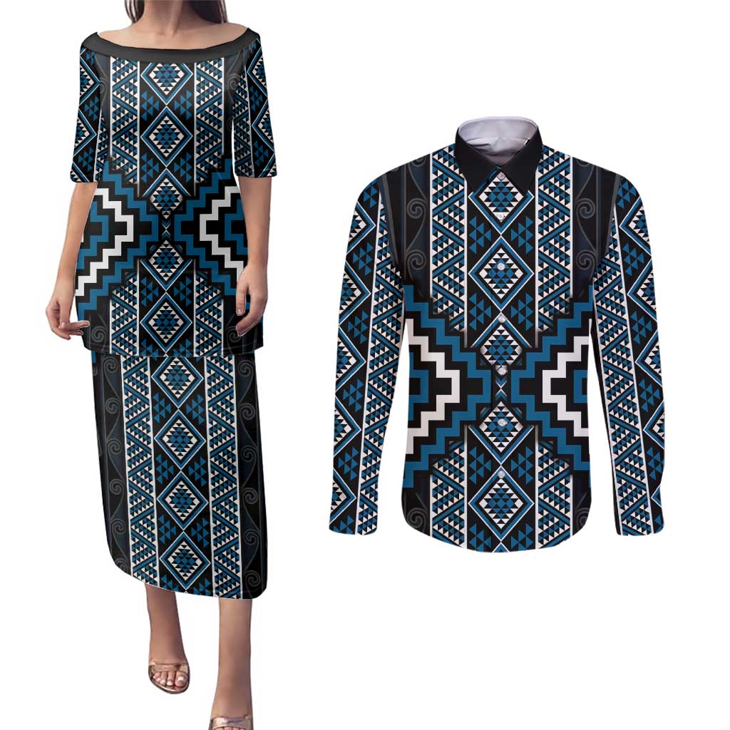 Azure Tukutuku Pattern Aotearoa Couples Matching Puletasi and Long Sleeve Button Shirt Niho Taniwha and Puhoro Motifs LT7 Blue - Polynesian Pride