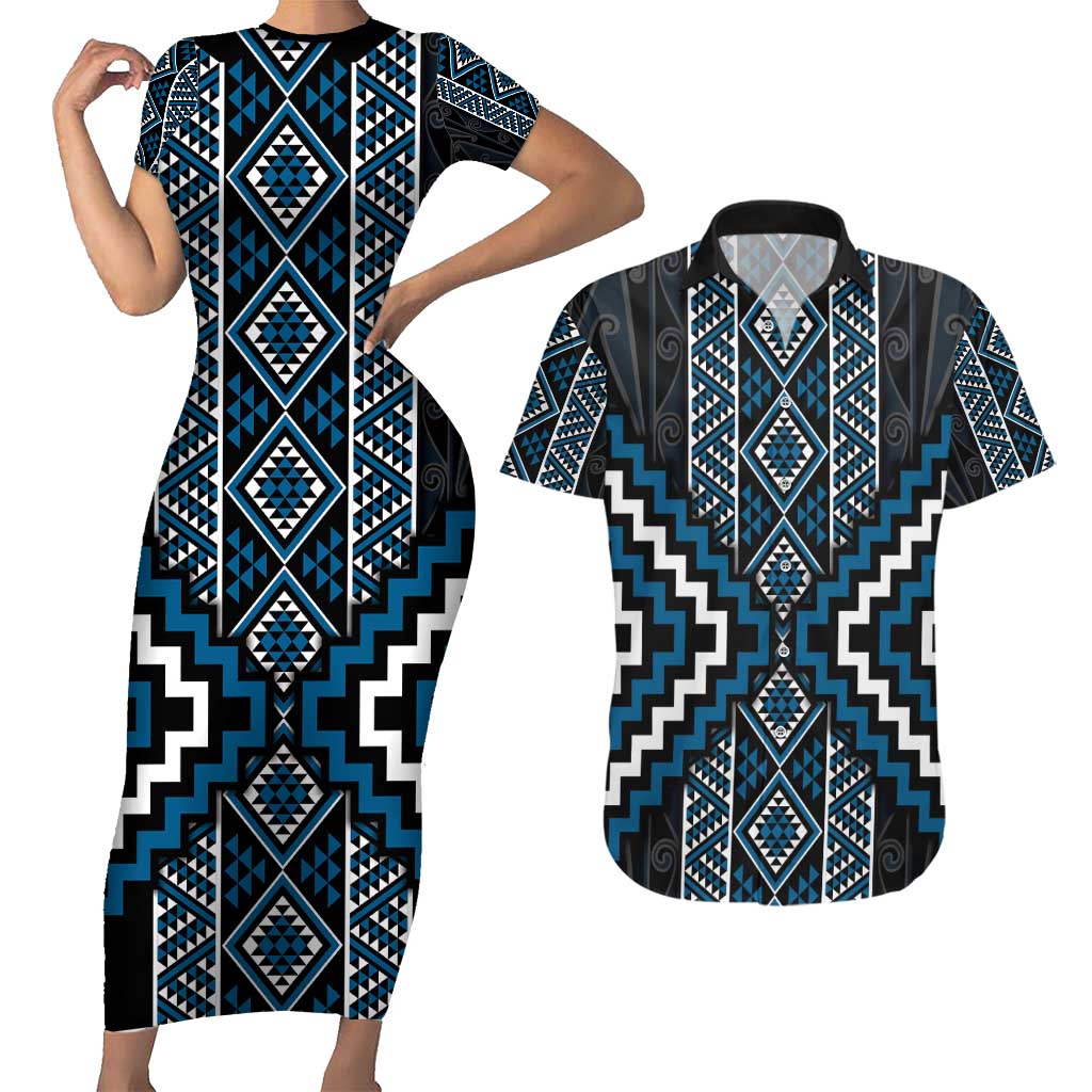 Azure Tukutuku Pattern Aotearoa Couples Matching Short Sleeve Bodycon Dress and Hawaiian Shirt Niho Taniwha and Puhoro Motifs LT7 Blue - Polynesian Pride
