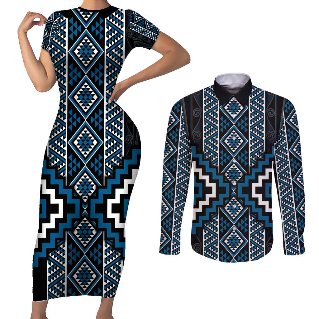 Azure Tukutuku Pattern Aotearoa Couples Matching Short Sleeve Bodycon Dress and Long Sleeve Button Shirt Niho Taniwha and Puhoro Motifs LT7 Blue - Polynesian Pride
