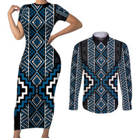 Azure Tukutuku Pattern Aotearoa Couples Matching Short Sleeve Bodycon Dress and Long Sleeve Button Shirt Niho Taniwha and Puhoro Motifs LT7 Blue - Polynesian Pride