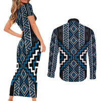 Azure Tukutuku Pattern Aotearoa Couples Matching Short Sleeve Bodycon Dress and Long Sleeve Button Shirt Niho Taniwha and Puhoro Motifs LT7 - Polynesian Pride