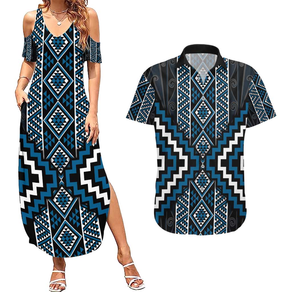 Azure Tukutuku Pattern Aotearoa Couples Matching Summer Maxi Dress and Hawaiian Shirt Niho Taniwha and Puhoro Motifs LT7 Blue - Polynesian Pride