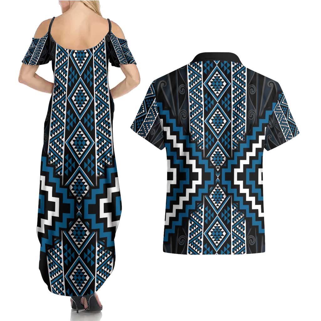 Azure Tukutuku Pattern Aotearoa Couples Matching Summer Maxi Dress and Hawaiian Shirt Niho Taniwha and Puhoro Motifs LT7 - Polynesian Pride