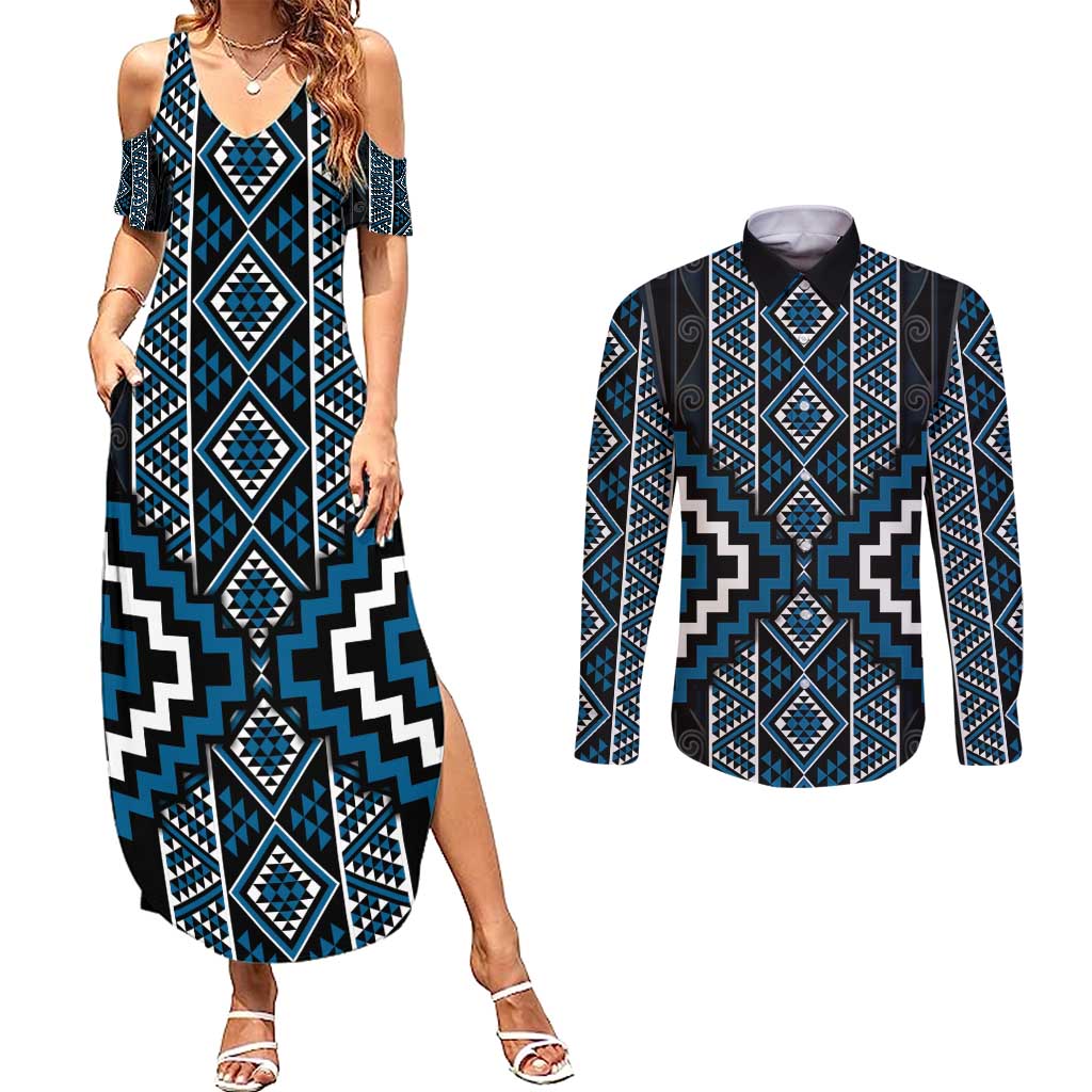 Azure Tukutuku Pattern Aotearoa Couples Matching Summer Maxi Dress and Long Sleeve Button Shirt Niho Taniwha and Puhoro Motifs LT7 Blue - Polynesian Pride