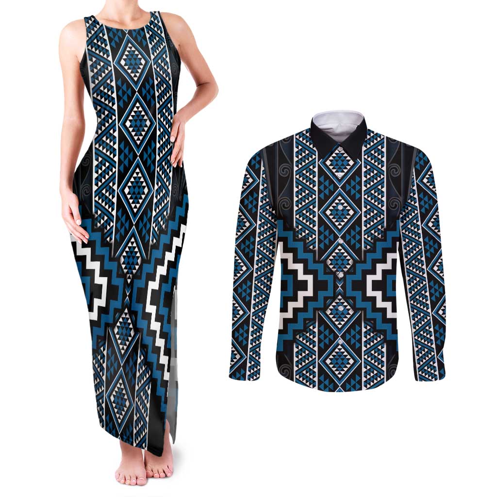 Azure Tukutuku Pattern Aotearoa Couples Matching Tank Maxi Dress and Long Sleeve Button Shirt Niho Taniwha and Puhoro Motifs LT7 Blue - Polynesian Pride