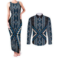 Azure Tukutuku Pattern Aotearoa Couples Matching Tank Maxi Dress and Long Sleeve Button Shirt Niho Taniwha and Puhoro Motifs LT7 Blue - Polynesian Pride