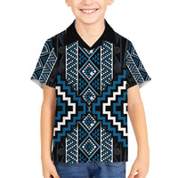 Azure Tukutuku Pattern Aotearoa Family Matching Long Sleeve Bodycon Dress and Hawaiian Shirt Niho Taniwha and Puhoro Motifs LT7 Son's Shirt Blue - Polynesian Pride
