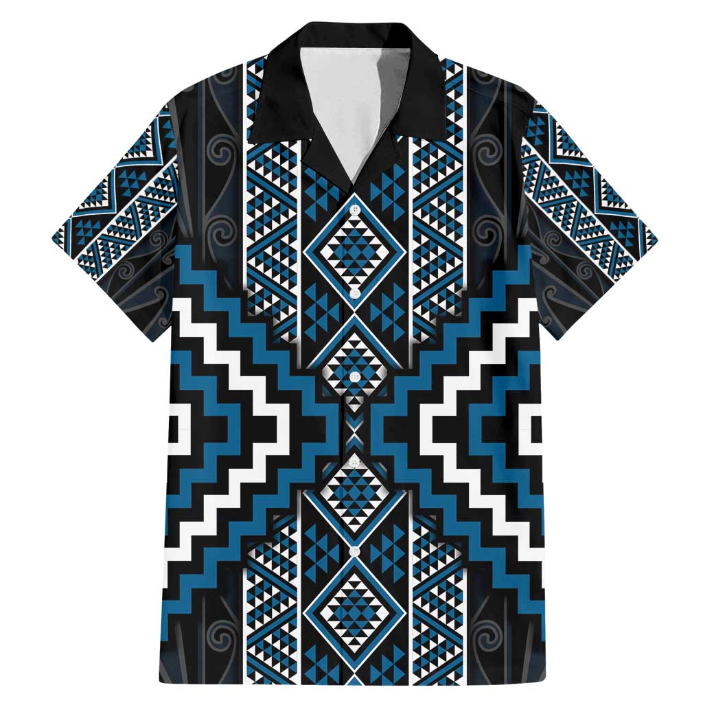 Azure Tukutuku Pattern Aotearoa Family Matching Mermaid Dress and Hawaiian Shirt Niho Taniwha and Puhoro Motifs LT7 Dad's Shirt - Short Sleeve Blue - Polynesian Pride