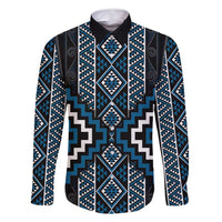 Azure Tukutuku Pattern Aotearoa Family Matching Mermaid Dress and Hawaiian Shirt Niho Taniwha and Puhoro Motifs LT7 Dad's Shirt - Long Sleeve Blue - Polynesian Pride